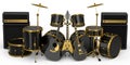 Set of realistic drums with metal cymbals, amplifier and acoustic guitars Royalty Free Stock Photo