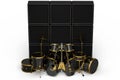 Set of realistic drums with metal cymbals, amplifier and acoustic guitars Royalty Free Stock Photo