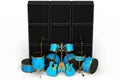 Set of realistic drums with metal cymbals, amplifier and acoustic guitars Royalty Free Stock Photo