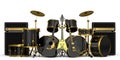 Set of realistic drums with metal cymbals, amplifier and acoustic guitars Royalty Free Stock Photo