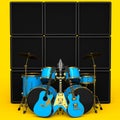 Set of realistic drums with metal cymbals, amplifier and acoustic guitars Royalty Free Stock Photo