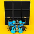 Set of realistic drums with metal cymbals, amplifier and acoustic guitars Royalty Free Stock Photo