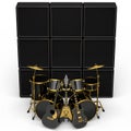 Set of realistic drums with metal cymbals, amplifier and acoustic guitars Royalty Free Stock Photo