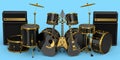 Set of realistic drums with metal cymbals, amplifier and acoustic guitars Royalty Free Stock Photo