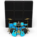 Set of realistic drums with metal cymbals, amplifier and acoustic guitars Royalty Free Stock Photo