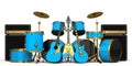 Set of realistic drums with metal cymbals, amplifier and acoustic guitars Royalty Free Stock Photo