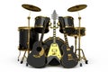 Set of realistic drums with metal cymbals on stand and acoustic guitars on white