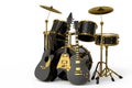 Set of realistic drums with metal cymbals on stand and acoustic guitars on white