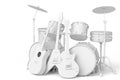 Set of realistic drums with metal cymbals on stand and acoustic guitars on white