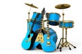 Set of realistic drums with metal cymbals on stand and acoustic guitars on white