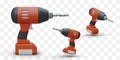 Set of realistic electric drills. 3D hand drilling machine, side, top, bottom view