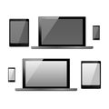 Set of realistic electronic technology devices with empty black and white screen. Laptop, tablet, mobile phone, smartphone modern Royalty Free Stock Photo