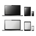 Set of realistic electronic technology devices with empty black and white screen. Laptop, tablet, mobile phone, smartphone modern Royalty Free Stock Photo