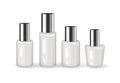 Set of Realistic Empty Plastic Containers with Silver Cap on white background. Cosmetic Vials. Liquid containers