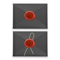 Set of Realistic envelopes of black color, closed envelopes with wax seal, envelope with Stamp isolated on white background.