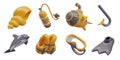 Set with realistic equipment for diving. Killer whale, yellow submarine, kit for underwater swimming Royalty Free Stock Photo