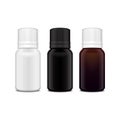 Set of realistic essential oil white, brown, black glass bottle. Mock up bottle cosmetic or medical vial, flask, flacon 3d Royalty Free Stock Photo