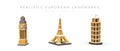 Set of realistic European architectural monuments. 3D icons for modern design