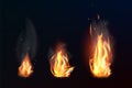 Set of realistic fire flames on dark background. Isolated vector illustration Royalty Free Stock Photo