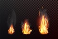 Set of realistic fire flames with transparency isolated on checkered background. Vector illustration Royalty Free Stock Photo