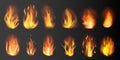 Set of realistic fire flames set on transparent background. 3D bonfire Royalty Free Stock Photo