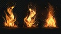 Set of realistic fire, torch flame icons isolated on a transparent background. Burning campfire or candle blaze effect