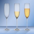 Set of realistic galasses, empty and with champagne Royalty Free Stock Photo