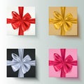 Set of realistic gift boxes with decorative bows in various colors, vector illustration Royalty Free Stock Photo