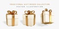 Set of realistic gift boxes with golden bow isolated on white background. Vector illustration Royalty Free Stock Photo