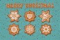 Set of realistic gingerbread stars. The phrase `merry Christmas.` Delicious winter pastries. I