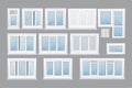 Set of realistic glass transparent plastic windows with window sills. Royalty Free Stock Photo