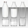 Set of realistic glasses and bottles with a milk