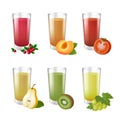 Set of realistic glasses with tasty juice on white background.