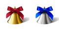 Set realistic golden bell with red bow and silver bell with blue bow Royalty Free Stock Photo