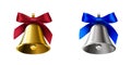 Set realistic golden bell with red bow and silver bell with blue bow Royalty Free Stock Photo