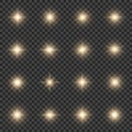 Set of realistic golden burst lights, bright stars, sparkles. Vector illustration on a transparent background Royalty Free Stock Photo