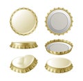 Set of realistic golden crown bottle caps on white background. Beer or lemonade metallic lid Royalty Free Stock Photo