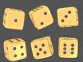 Set of realistic golden dice in different positions isolated on white background with clipping path. Hobbies Royalty Free Stock Photo