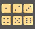 Set of realistic golden dice in different positions isolated on white background with clipping path. Hobbies Royalty Free Stock Photo