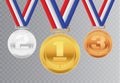 Set of Realistic Golden, silver and bronze Award Medals with ribbon. Honor best shiny circle ceremony prize Isolated on Royalty Free Stock Photo