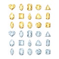 Vector realistic golden and silver white gems and jewels on white background. Gold shiny diamonds with different cuts. Royalty Free Stock Photo