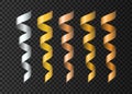 Set of realistic golden , silvery, copper ribbons serpentine