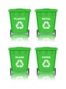 Set of realistic green recycle bins for paper, metal, plastic an