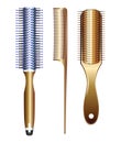 Set of realistic hairbrush isolated or hot curling radial brush comb or barbershop equipment tools concept. eps
