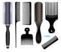 set of realistic hairbrush isolated or hot curling radial brush comb or barbershop equipment tools concept. eps