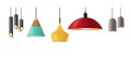 Set of Realistic Hanging Lamps with Stylish Bizarre Lampshades. Modern Chandeliers with Light Bulb, Lamps with Shades
