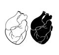 Set of realistic heart with aorta and veins. Medical picture. Black silhouette and outline drawing. The object is separate from