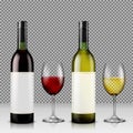 Set of realistic illustration of glass wine bottles and glasses with white and red wine Royalty Free Stock Photo