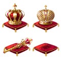 Set of realistic illustrations, golden royal crown icons, royal scepter and red velvet ceremonial pillows Royalty Free Stock Photo