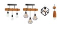 Set of Realistic Industrial Hanging Lamps with Stylish Bizarre Lampshades in Minimal Style Isolated on White Background